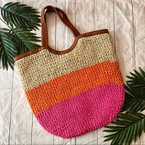 Host Pick! Extra Large Pink and Orange Woven Straw Weekend Beach Travel Tote Bag